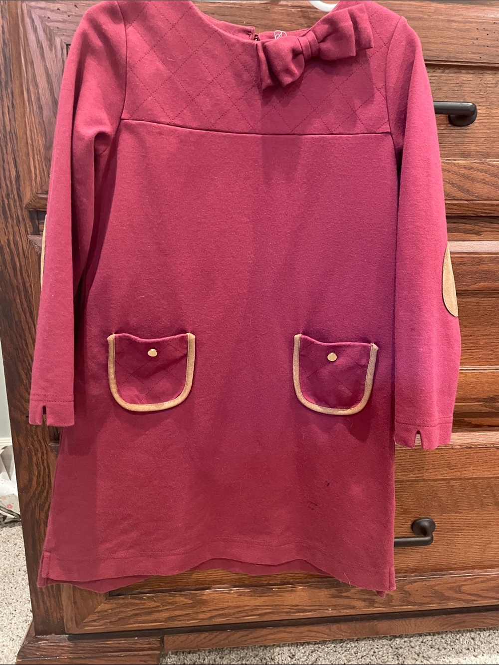Hope & Henry Girls' Bow-Accent Long Sleeve Dress in burgundy color